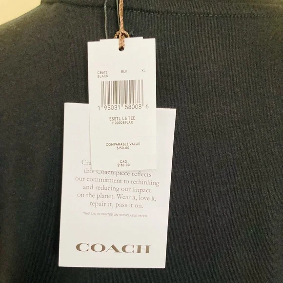 NWT COACH MEN ESSENTIAL LONG SLEEVE BLACK TOP